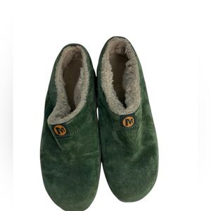 Merrell Women’s 9 Slides Mule Comfort Cozy Shoes Green Suede Clogs Air Cushion
